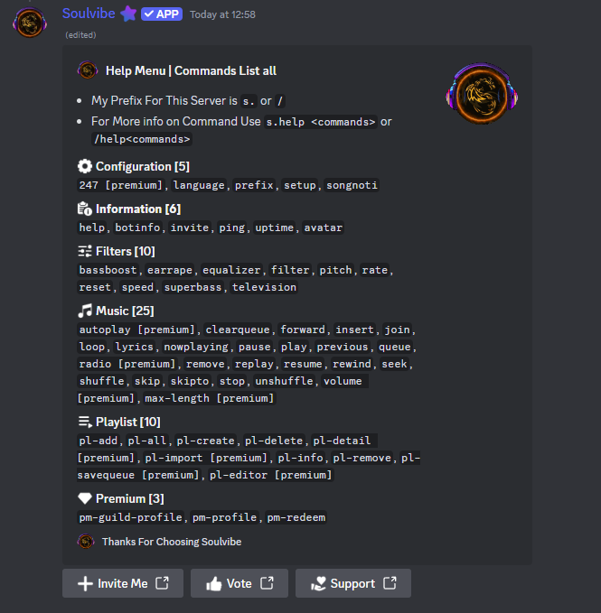 Screenshot of a chat interface with various commands listed